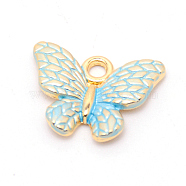 Alloy Enamel Pendant, Butterfly, Cadmium Free & Lead Free, Light Gold, Cyan, 13x17.5x2.5mm, Hole: 2mm(PALLOY-WH0079-88D)