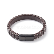Leather Braided Cord Bracelets, 304 Stainless Steel Magnetic Clasp, Rectangle, Gunmetal, Coconut Brown, 8-5/8 inch(22cm), 12x6mm(BJEW-E345-15C-B)