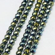 Electroplate Non-magnetic Synthetic Hematite Beads Strands, Faceted, Round, Grade A, Green Plated, 4mm, Hole: 1mm, about 100pcs/strand, 16 inch(G-J169B-4mm-06)