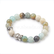 Natural Flower Amazonite Beads Stretch Bracelets, with Alloy Findings, Round and Buddha Head, Burlap Packing, Antique Silver, 2-1/4 inch(5.6cm), Bag: 12x8.5x3cm(BJEW-JB03849-02)