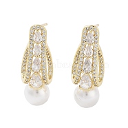 Rack Plating Brass Micro Pave Cubic Zirconia Stud Earring, with Plastic Imitation Pearl, Cadmium Free & Lead Free, Long-Lasting Plated, Real 18K Gold Plated, 30.5x11mm(EJEW-C081-22G)