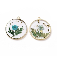 Transparent Clear Epoxy Resin Pendants, with Edge Golden Plated Brass Loops and Gold Foil, Flat Round Charms with Inner Flower, Dark Turquoise, 33.8x30x4mm, Hole: 2.5mm(RESI-L036-12G-06)