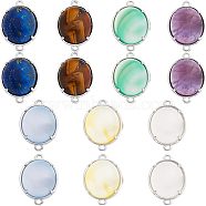 SUPERFINDINGS 14Pcs 7 Styles Brass Natural Gemstone Connector Charms, Natural Agate & Amethyst & Lapis Lazuli & Tiger Eye, Mixed Dyed and Undyed, Oval, Platinum, Mixed Color, 15~15.5x25.5~26x6.5~7mm, Hole: 1.5~2mm, 2pcs/style(G-FH0001-79)