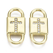 Brass Micro Pave Clear Cubic Zirconia Links Connectors, Nickel Free, Lock with Cross, Real 16K Gold Plated, 22x10x2mm, Hole: 6x4mm(ZIRC-N039-104-NF)