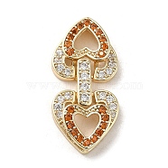 Brass Micro Pave Cubic Zirconia Fold Over Clasps, Heart, Real 18K Gold Plated, Chocolate, 29x14x4.5mm(KK-H455-53G-02)