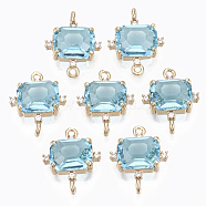 Glass Links connectors, with Brass Micro Pave Cubic Zirconia, Faceted, Cuboid, Light Gold, Cyan, 17.5x14x5.5mm, Hole: 1.2mm(GLAA-T021-10D)