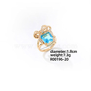 Elegant Brass Bowknot Finger Rings for Women, Fashionable Sparkling Delicate Hand Jewelry Full Rhinestones Ring, Deep Sky Blue(DK0031-1)