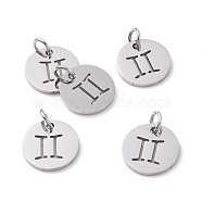 304 Stainless Steel Charms, Flat Round with Constellation/Zodiac Sign, Gemini, 12x1mm, Hole: 3mm(STAS-Q201-T445-3S)