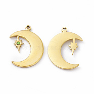 Vacuum Plating 201 Stainless Steel Pendants, with Rhinestone, Real 18K Gold Plated, Moon & Star Charms, Olivine, 18x14.5x1.2mm, Hole: 1mm(STAS-J401-VC937)