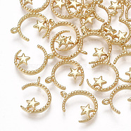 Brass Charms, Moon with Star, Real 18K Gold Plated, 14x10.5x3mm, Hole: 1.4mm(KK-S348-298)