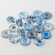 Blue and White Floral Printed Glass Cabochons, Half Round/Dome, Steel Blue, 16x5mm(GGLA-A002-16mm-XX)