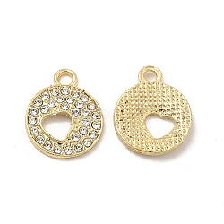 Alloy Crystal Rhinestone Pendants, Flat Round Charms with Hollow Heart, Nickel, Light Gold, 17x14x2mm, Hole: 2mm(FIND-H039-56LG)