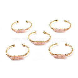 Natural Rose Quartz Triple Column Beaded Open Cuff Bangle, Wire Wrape Brass Jewelry for Women, Golden, Inner Diameter: 2-1/8 inch(5.45~5.55cm)(BJEW-E377-01G-10)