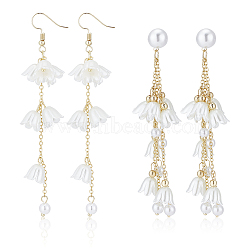 2 Pairs 2 Style Plastic Lily of the Valley Dangle Stud Earrings, Alloy Chain Tassel Long Drop Earrings for Women, Light Gold, 96~102mm, Pin: 0.6~0.7mm, 1 Pair/style(EJEW-AN0002-83)