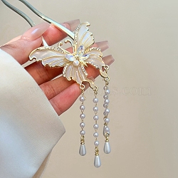 Butterfly Alloy Enamel Hair Forks, Plastic Imitation Pearl Beads Tassel Hair Accessories for Women Girls, Antique White, 200mm(PW-WGDE64A-02)