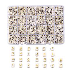 Plating Acrylic Beads, Metal Enlaced, Horizontal Hole, Alphabet Style, Cube, Letter A~Z, 5.5~6x5.5~6x5.5~6mm, Hole: 3.5mm, about 934pcs/box(SACR-X0015-12)
