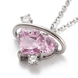 201 Stainless Steel Cable Chain Necklaces, Brass Pink Cubic Zirconia Heart Pendant Necklaces, Stainless Steel Color, 15.43 inch(39.2cm)(NJEW-L124-001P)