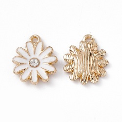 Alloy Rhinestone Pendants, Enamel Style, Light Gold, Chrysanthemum Charm, White, 17x14x2.5mm, Hole: 1.5mm(PALLOY-P287-01LG-04)