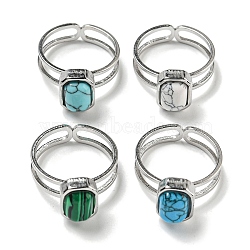 304 Stainless Steel Open Cuff Rings, Synthetic Malachite & Turquoise Rectangle Finger Rings for Women Men, Stainless Steel Color, Adjustable(RJEW-C079-03P)