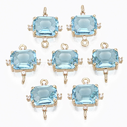 Glass Links connectors, with Brass Micro Pave Cubic Zirconia, Faceted, Cuboid, Light Gold, Cyan, 17.5x14x5.5mm, Hole: 1.2mm(GLAA-T021-10D)