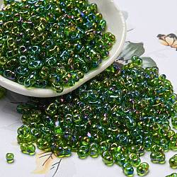 Glass Seed Beads, Transparent Inside Colours Rainbow, Peanut Shape, Green, 6x3x3mm, Hole: 1.2mm, about 4000pcs/pound(SEED-K009-04A-15)