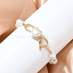 Heart 304 Stainless Steel Beaded Bracelets, with Plastic Pearl, Ion Plating(IP), Golden, 8-3/8 inch(21.2cm)(BJEW-L610-21G-02)