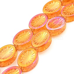 Electroplate Glass Bead Strands, Full Rainbow Plated, Oval with Flower, Dark Orange, 14x10.4x4.8mm, Hole: 1.2mm, about 45pcs/strand, 25.04 inch(63.6cm)(EGLA-G037-13A-FR02)