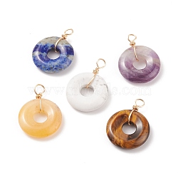 Natural Mixed Stone Pendants, with Real 18K Gold Plated Eco-Friendly Copper Wire Wrapped, Donut/Pi Disc, 23.5~25x17.5~18x5mm, Hole: 3mm(PALLOY-JF01548)