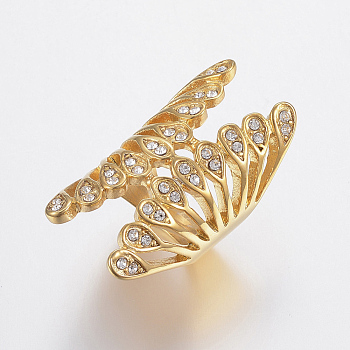 Ion Plating(IP) 304 Stainless Steel Rhinestone Finger Rings, Wide Band Rings, Hollow, Butterfly, Golden, Size 6~9, 16~19mm