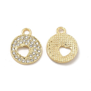 Alloy Crystal Rhinestone Pendants, Flat Round Charms with Hollow Heart, Nickel, Light Gold, 17x14x2mm, Hole: 2mm