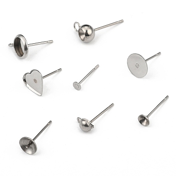304 Stainless Steel Stud Earring Settings & Findings, with Loop, Mixed Shapes, Stainless Steel Color, 6~22x3~17x3mm, Hole: 0.5~3mm, Inner Diameter: 4~10mm, Pin: 0.4~1mm