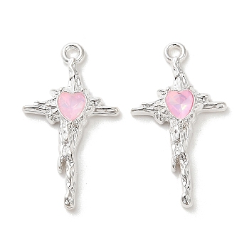 Rack Plating Alloy Rhinestones Pendants, Lead Free & Cadmium Free, Cross with Heart, Silver, Pink, 27x15x4mm, Hole: 1.6mm