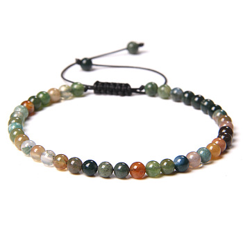 4mm Natural Indian Agate Beaded Braided Bracelets, Adjustable Women's Bracelets, 