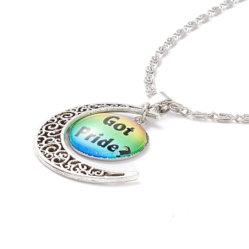 Rainbow Pride Necklace, Got Pride Flat Round & Moon Pendant Necklace for Men Women, Antique Silver & Platinum, Word, 18.31 inch(46.5cm)