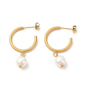Glass Pearl Beaded Dangle Stud Earrings, Vacuum Plating 304 Stainless Steel Half Hoop Earrings for Women, Golden, 38mm, Pin: 0.7mm