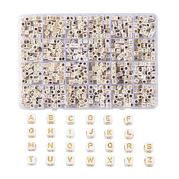 Plating Acrylic Beads, Metal Enlaced, Horizontal Hole, Alphabet Style, Cube, Letter A~Z, 5.5~6x5.5~6x5.5~6mm, Hole: 3.5mm, about 934pcs/box