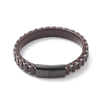 Leather Braided Cord Bracelets, 304 Stainless Steel Magnetic Clasp, Rectangle, Gunmetal, Coconut Brown, 8-5/8 inch(22cm), 12x6mm