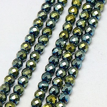 Electroplate Non-magnetic Synthetic Hematite Beads Strands, Faceted, Round, Grade A, Green Plated, 4mm, Hole: 1mm, about 100pcs/strand, 16 inch