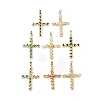 Real 18K Gold Plated Brass with Glass Pendants, Cross, Mixed Color, 40.5x28x4mm, Hole: 3.8x5.6mm