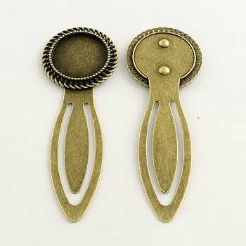 20mm Tray Bookmark Cabochon Settings, Iron with Alloy Flat Round Tray, Lead Free, Nickel Free & Cadmium Free, Antique Bronze, 77x27x3mm