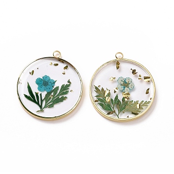 Transparent Clear Epoxy Resin Pendants, with Edge Golden Plated Brass Loops and Gold Foil, Flat Round Charms with Inner Flower, Dark Turquoise, 33.8x30x4mm, Hole: 2.5mm