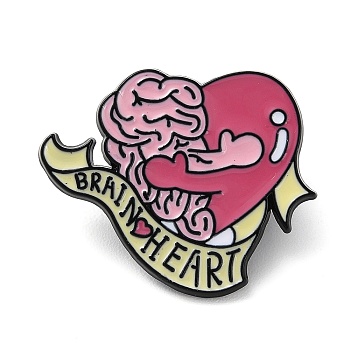 Heart & Brain with Word Enamel Pins, Black Zinc Alloy Badge for Backpack Clothes, Heart, 24x29x1.5mm