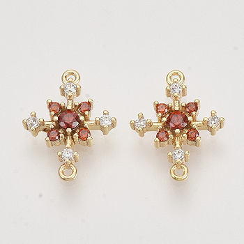 Brass Cubic Zirconia Links connectors, Real 18K Gold Plated, Snowflake, Nickel Free, Red, 13x10x2.5mm, Hole: 0.8mm