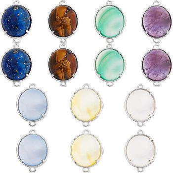 SUPERFINDINGS 14Pcs 7 Styles Brass Natural Gemstone Connector Charms, Natural Agate & Amethyst & Lapis Lazuli & Tiger Eye, Mixed Dyed and Undyed, Oval, Platinum, Mixed Color, 15~15.5x25.5~26x6.5~7mm, Hole: 1.5~2mm, 2pcs/style