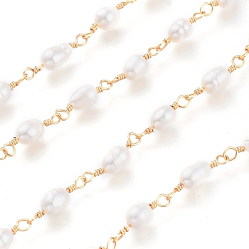 3.28 Feet Freshwater Pearl Beaded Chains, with Brass Findings, Unwelded, Long-Lasting Plated, Golden, Pearl: 6~9x5~7mm