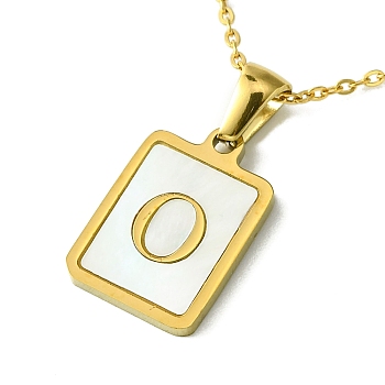Ion Plating(IP) Rectangle with Initial Letter 304 Stainless Steel Pendant Necklace, white Shell, Real 18K Gold Plated, Letter O, 16.06 inch(40.8cm)