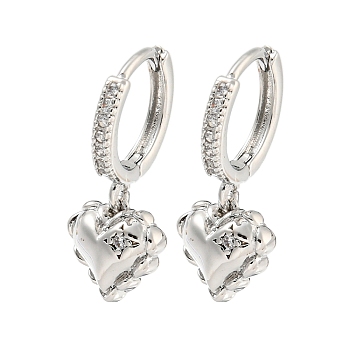 Heart Brass Micro Pave Clear Cubic Zirconia Huggie Hoop Dangle Earrings for Women, Platinum, 22x10mm