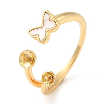 Butterfly  Brass with Shell Open Cuff Ring Component, Ring Settings, For Half-drilled Beads, Real 18K Gold Plated, US Size 7 1/4(17.5mm), Pin: 0.8mm, Butterfly: 5.5x7.5mm