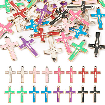 Pandahall 32Pcs 8 Colors CCB Plastic Pendants, with Enamel, Cross with Jesus Charm, Mixed Color, 42.5x25.5x3mm, Hole: 2.5mm, 4pcs/color