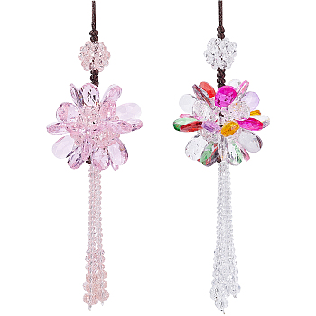 2Pcs 2 Colors Glass Beaded Flower Suncatchers, Tassel Pendant Decorations, with Polyester Thread, for Home, Car Interior Ornament, Mixed Color, 385mm, 1pc/color